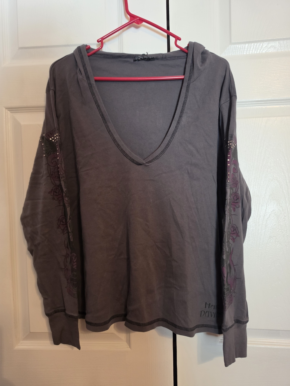 Harley-Davidson Gray V-Neck Long Sleeve Hoodie Top with Sleeve Roses